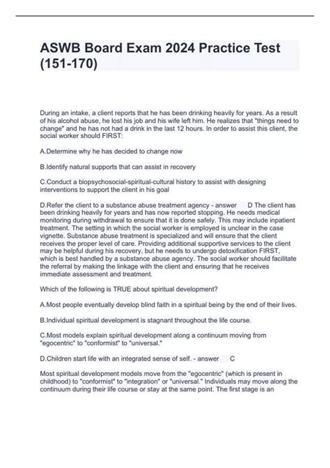 ASWB Board Exam 2024 Practice Test (151-170) Questions and Answers 2024 ...