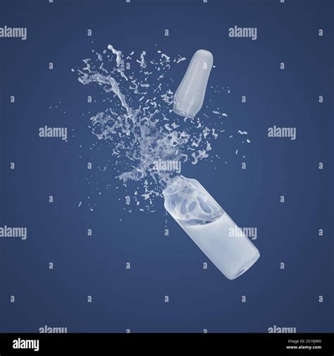 Open ampoule with splashing liquid in air on dark blue background Stock ...