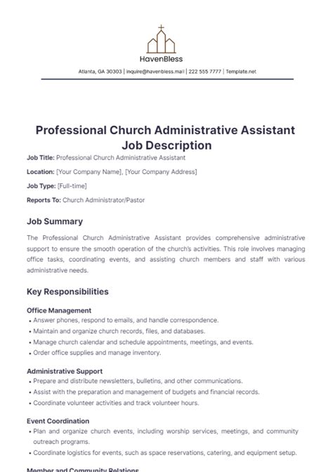 Free Professional Church Administrative Assistant Job Description Template to Edit Online
