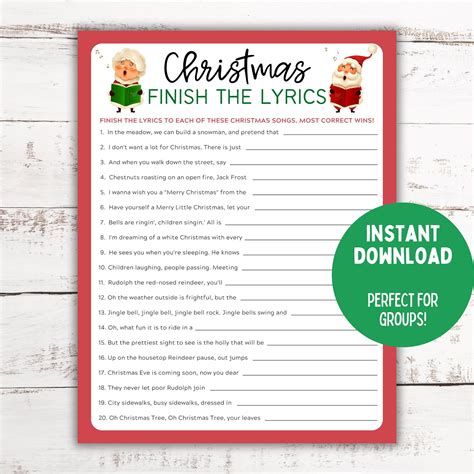 Finish the Christmas Song Lyrics Game Printable Free with Answers