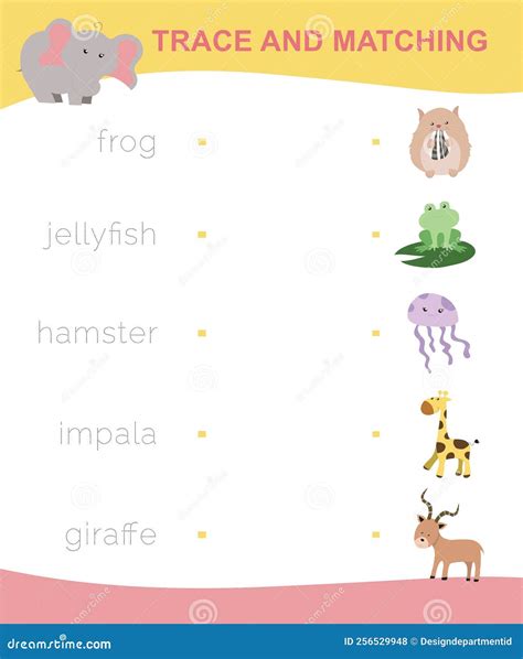 Trace and Match the Cute Animals Printable Worksheet Stock Vector ...