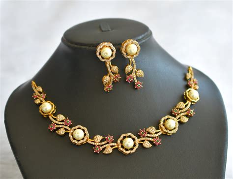 Matte finish ruby-green-white flower pearl bead necklace set dj-46195 ...