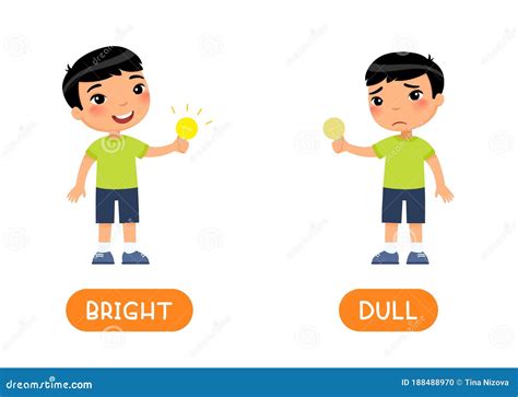 Opposites, DULL and BRIGHT Words.Cute Asian Boy Holds a Light Bulb in ...