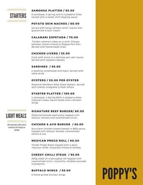 Menu at Poppy's Restaurant, Randburg, Corner Beyers Naude Drive and