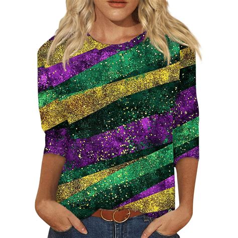 BDPORKAS Mardi Gras T Shirts for Women 3/4 Sleeve Round Neck Carnival ...
