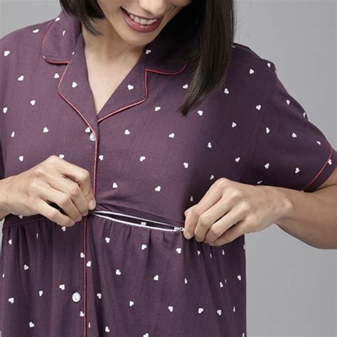 Purple & White Printed Cotton Maternity & Feeding Nightdress