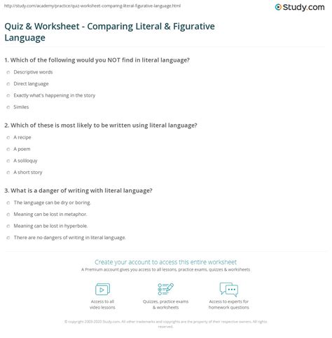 Quiz & Worksheet - Comparing Literal & Figurative Language | Study.com