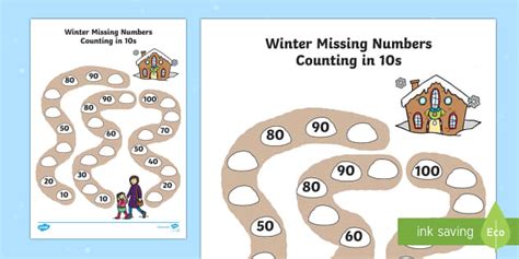 Winter Path Missing Numbers Counting in 10s Worksheet / Worksheet