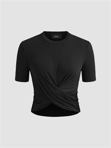 Knit Fabric Round Neck Twist Solid Short Sleeve Tee For Daily Casual