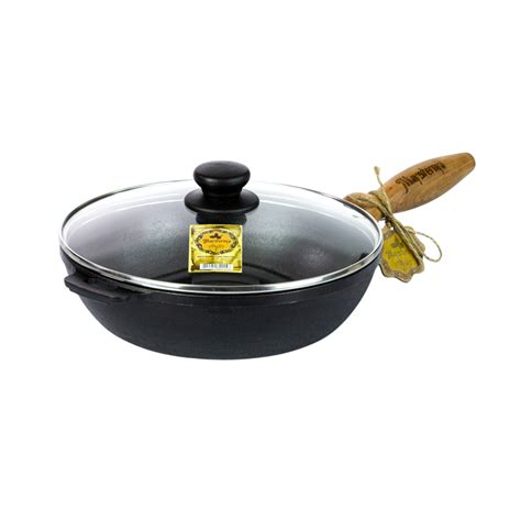 Tigaie din fonta, 26 x 6 cm, cu maner de lemn si capac de sticla ...