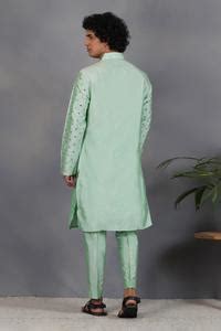 Buy Green Silk Embroidery Mirror Tabir Bird Kurta Set For Men by Eleven ...