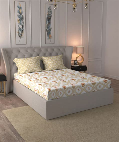Dusk & Dawn Queen Bedsheet Set, Gulmohar Yellow|144 TC Cotton|2 Pillow ...