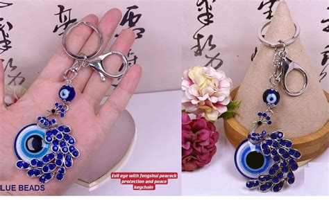 BLUE BEADS Peacock Shape Pendant Blue Evil Eye Keychain Crystal alloy ...
