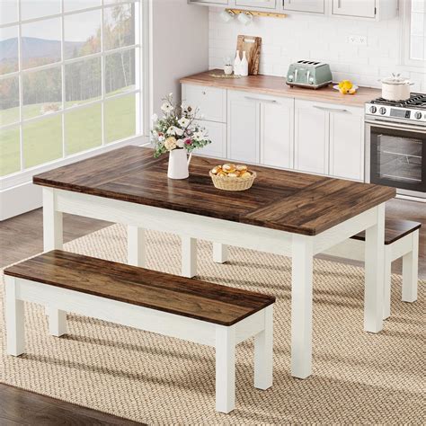 Tribesigns 3 Pieces Dining Table Set with 2 Benches, 55-Inch Wood ...