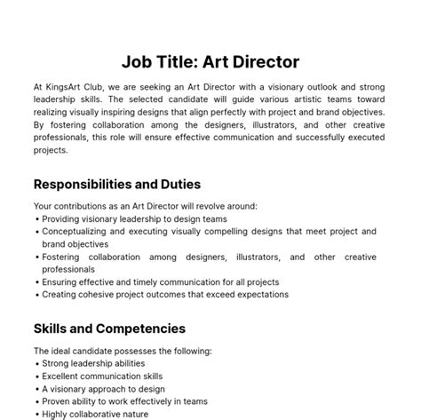 Free Art Director Job Description Template to Edit Online
