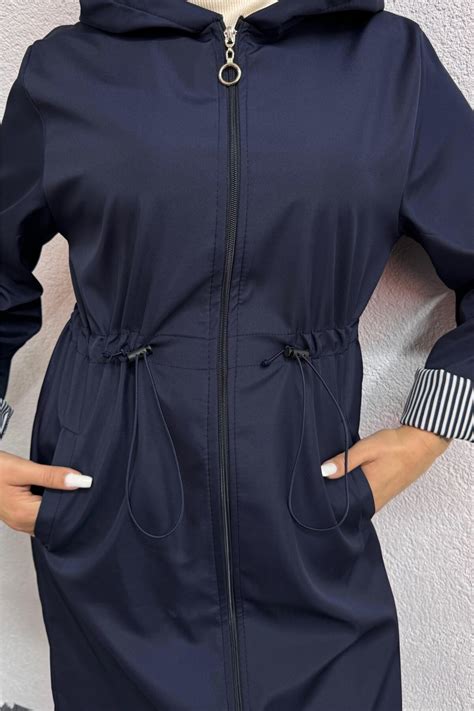Navy Waist-Tunnel Striped Trench Coat - Ensa Tesettür | ElbiseBul