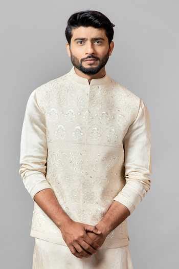 Buy Beige Nehru Jacket Kora Kurta Linen Satin Pant Malai Cotton Bundi ...