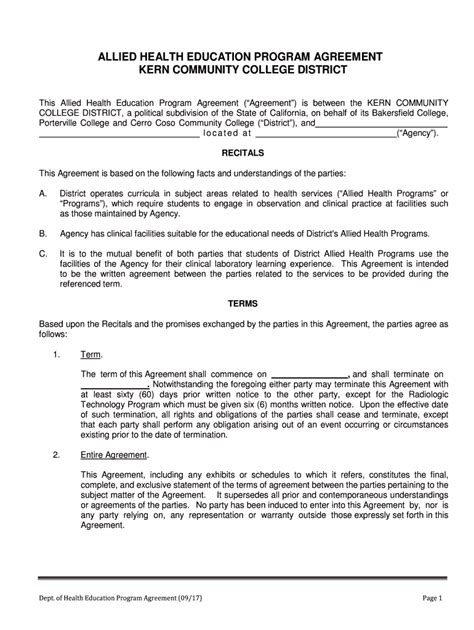 Fillable Online allied health education program agreement kern ...