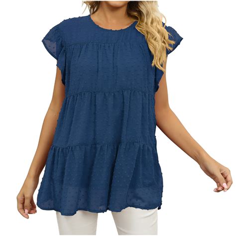 fatyb Women's Dressy Tops Poms Ruffle Short Sleeve Crewneck Flowy ...