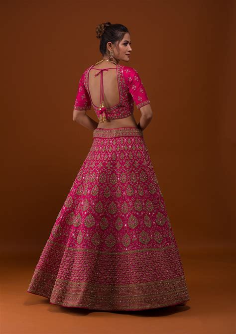 Buy Rani Pink Stonework Raw Silk Readymade Lehenga - Koskii