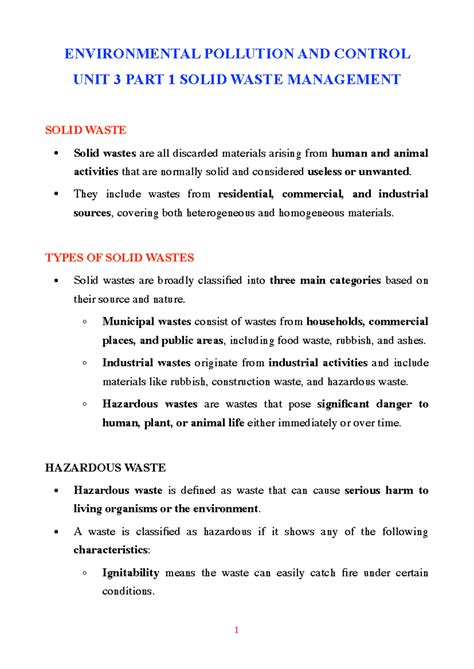 ENVIRONMENTAL POLLUTION AND CONTROL UNIT 3: SOLID WASTE MANAGEMENT ...