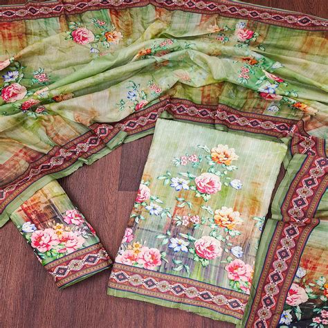 Green Floral Digital Printed Muslin Dress Material