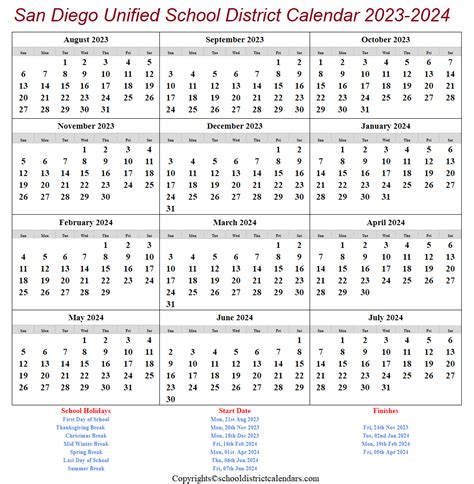 San Diego Unified Academic School District Calendar 2023-2024
