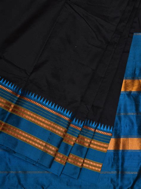 Black and Blue Narayanpet Silk Handloom Plain Saree with Traditional B ...