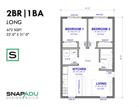 ADU Floor Plans 700 Sq Ft - Long 2 Bedroom 1 Bath Design