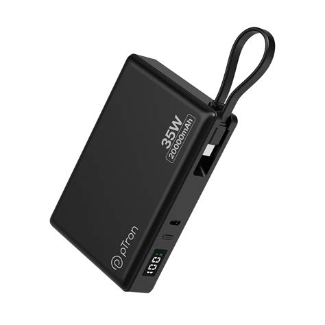 pTron Dynamo Sprint 20000mAh Power Bank w/Built-in Charging Cable, 35W ...