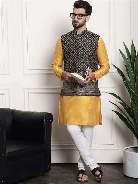 Men's Silk Blend Mustard Kurta and Off-White Pyjama With Black Nehru J ...