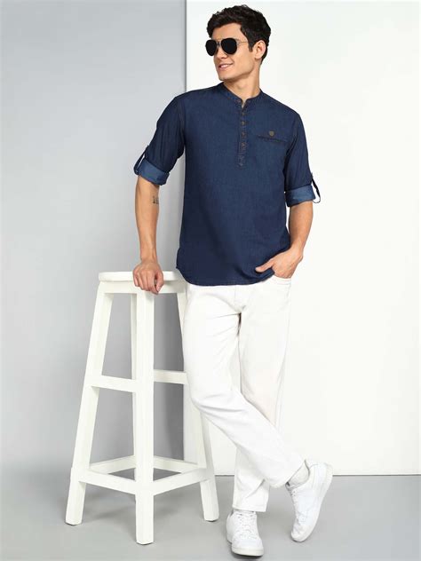 Buy KUONS AVENUE Men Navy Blue Solid Short Kurta Online