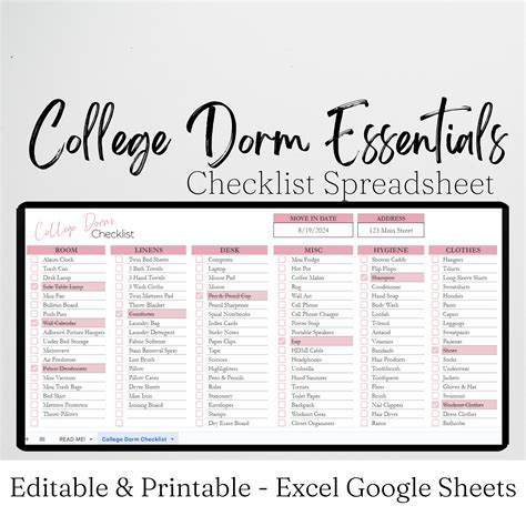 College Dorm Room Essentials Checklist Template Google Sheets Excel Sp ...