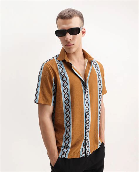 Rare Rabbit Men's Rold-2 Dusky Yellow Viscose Blend Geometric Print Re