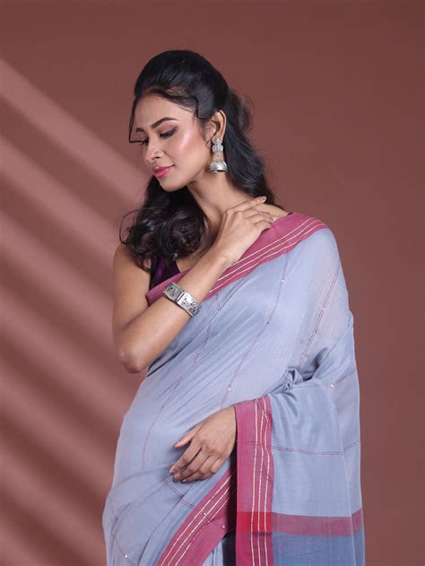 Grey Pure Cotton Soft Saree With Stripe Pattern – Charukriti