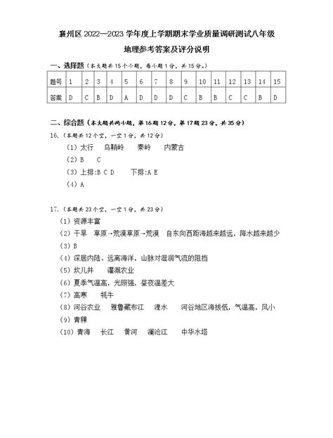 湖北省襄阳市襄州区2022-2023学年上学期八年级地理期末试题（含答案）-教习网|试卷下载