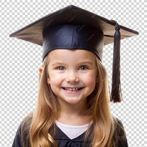 Happy little girl wearing a black graduation cap portrait isolated on ...