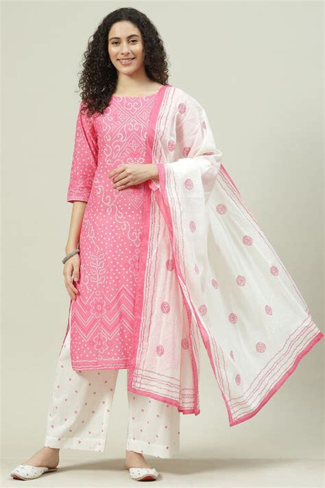 Pink Printed Cotton Straight Kurta Palazzo Suit Set at Biba India