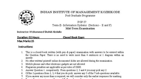 Information Systems PGP27 Mid Term QP 11Nov2023 - INDIAN INSTITUTE OF ...