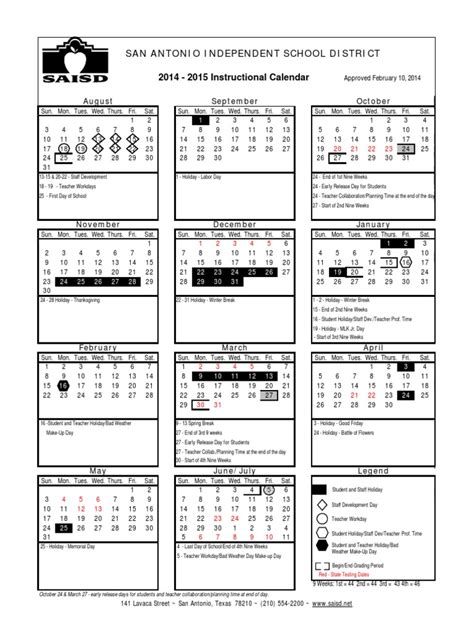 Saisd 2014-15 Instructional Calendar | PDF | Holidays | Observances