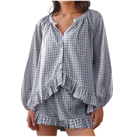 Miqool Women's Plaid Pajama Sets Puff Long Sleeve Ruffled Button Down ...