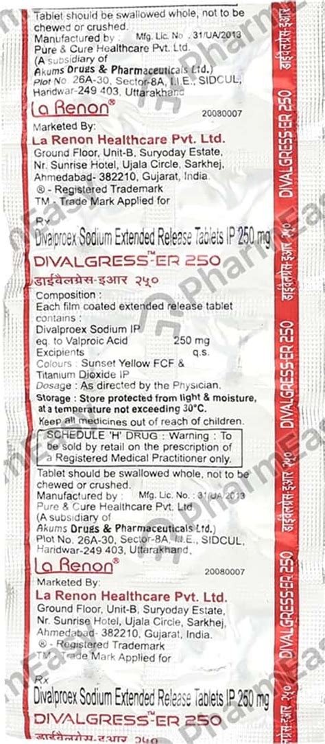 Divalgress Er 250 MG Tablet (10): Uses, Side Effects, Price & Dosage ...