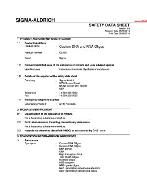 Fillable Online Custom DNA and RNA Oligos Safety Data Sheet - Sigma ...