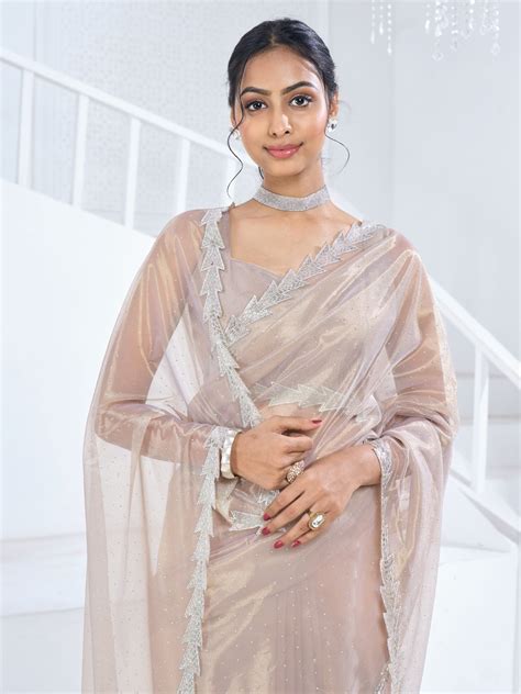 Buy Beige Swarovski Work Organza Designer Saree From Ethnic Plus