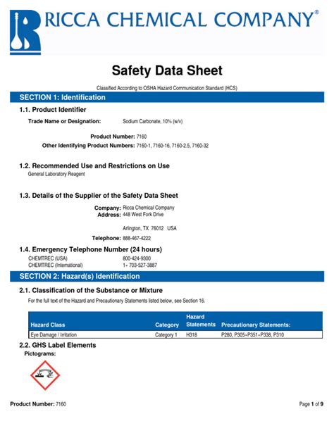 Safety Data Sheet - Sodium Carbonate 10% | PDF | Toxicity | Dangerous Goods