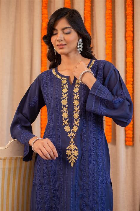 House Of Kari(Chikankari Clothing) - Saba Muslin Kurta In Blue With ...