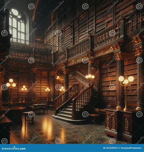 Grand Library Interior with Classic Architecture and Warm Lighting ...