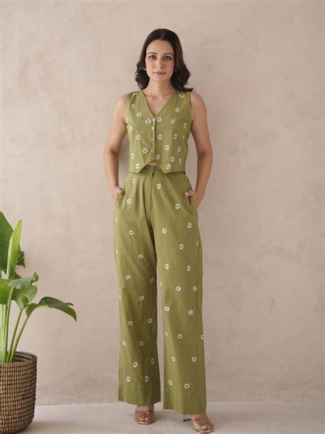 Serra Olive Embroidery Cotton Co-ord Set – OneWe India