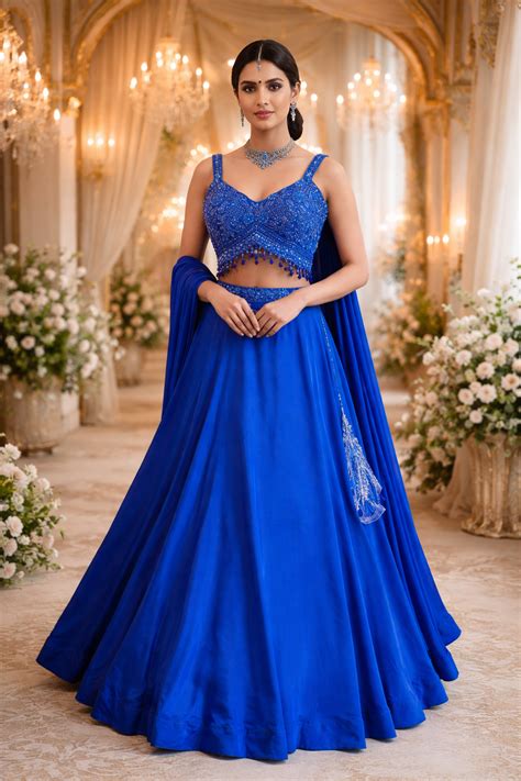 Women's Royal Blue Embroidered Silk Lehenga Choli Set with Dupatta ...