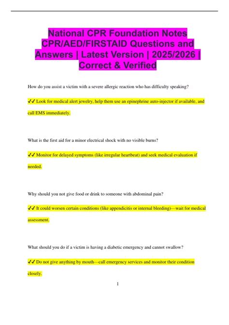 National CPR Foundation Notes CPR/AED/FIRSTAID Questions and Answers ...
